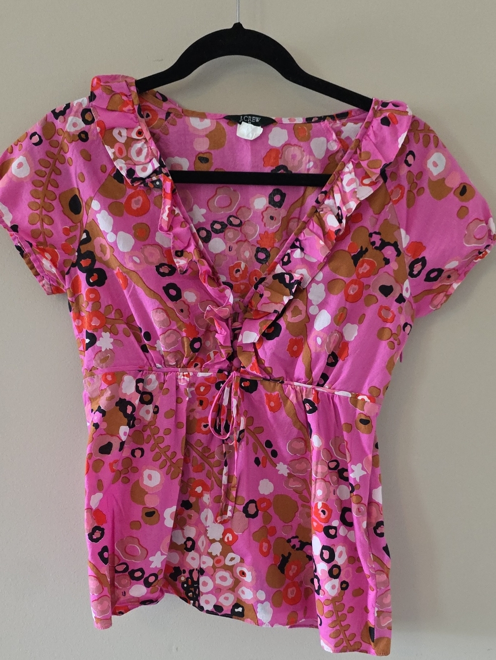 J. Crew Pink Floral Ruffle V-Neck Tie-Front Blouse